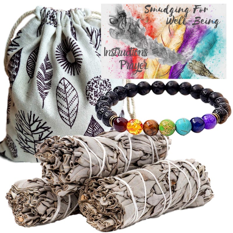 Worldly Finds Sage Smudge Kit â€“ 3 White Sage Smudge Sticks Smudging Kit, Sage Bundles & Bonus 7 Chakra Stones Diffuser Bracelet Set,Sage Incense Sticks for Cleansing, Bag, Instructions, Positive Vibes Charitable! - Image 1